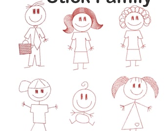 Stick Figure Family, Machine Embroidery Design, Redwork Embroidery , Dad, Mom Boy, Girl, Baby and bonus Mom with curly hair, Digital File