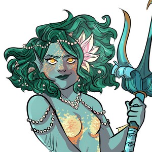 May include: A teal-colored mermaid with a yellow and orange tail holds a blue and gold trident. She has green hair, a pearl necklace, and a flower in her hair.