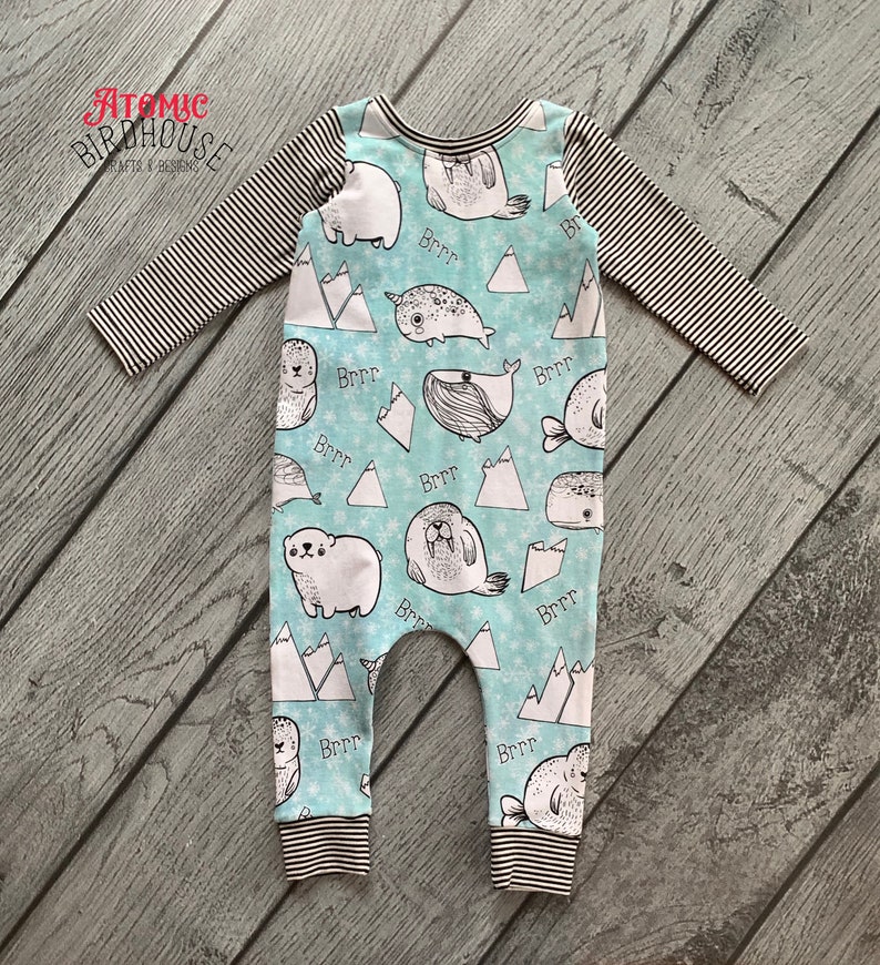 Polar Bear Walrus Narwhal Romper Long Sleeve Harem Coverall Icy Animals Toddler Harem Romper size 12-18 months Boy/'s Pull Up Romper