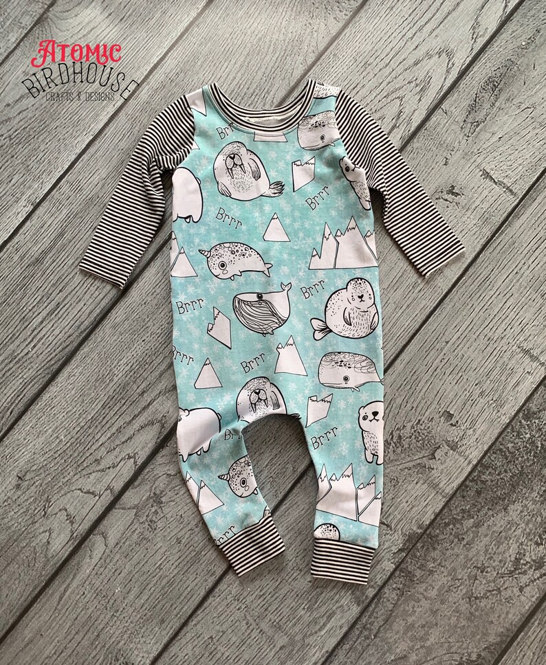 Polar Bear Walrus Narwhal Romper Long Sleeve Harem Coverall Icy Animals Toddler Harem Romper size 12-18 months Boy/'s Pull Up Romper