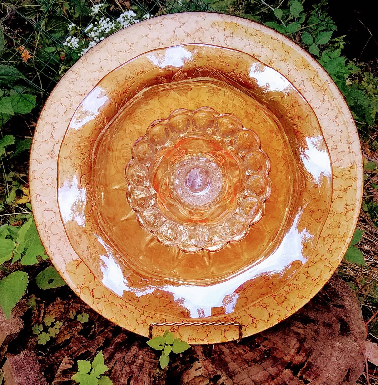 Glass plate flower garden art sun catcher yard art Etsy