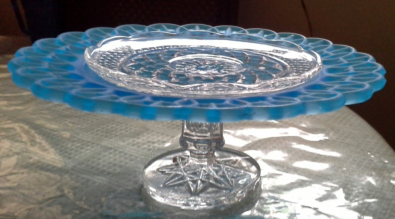 Blue glass serving dish with scalloped edges on pedestal Etsy