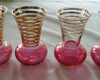 Vintage depression glass vases with gold rings