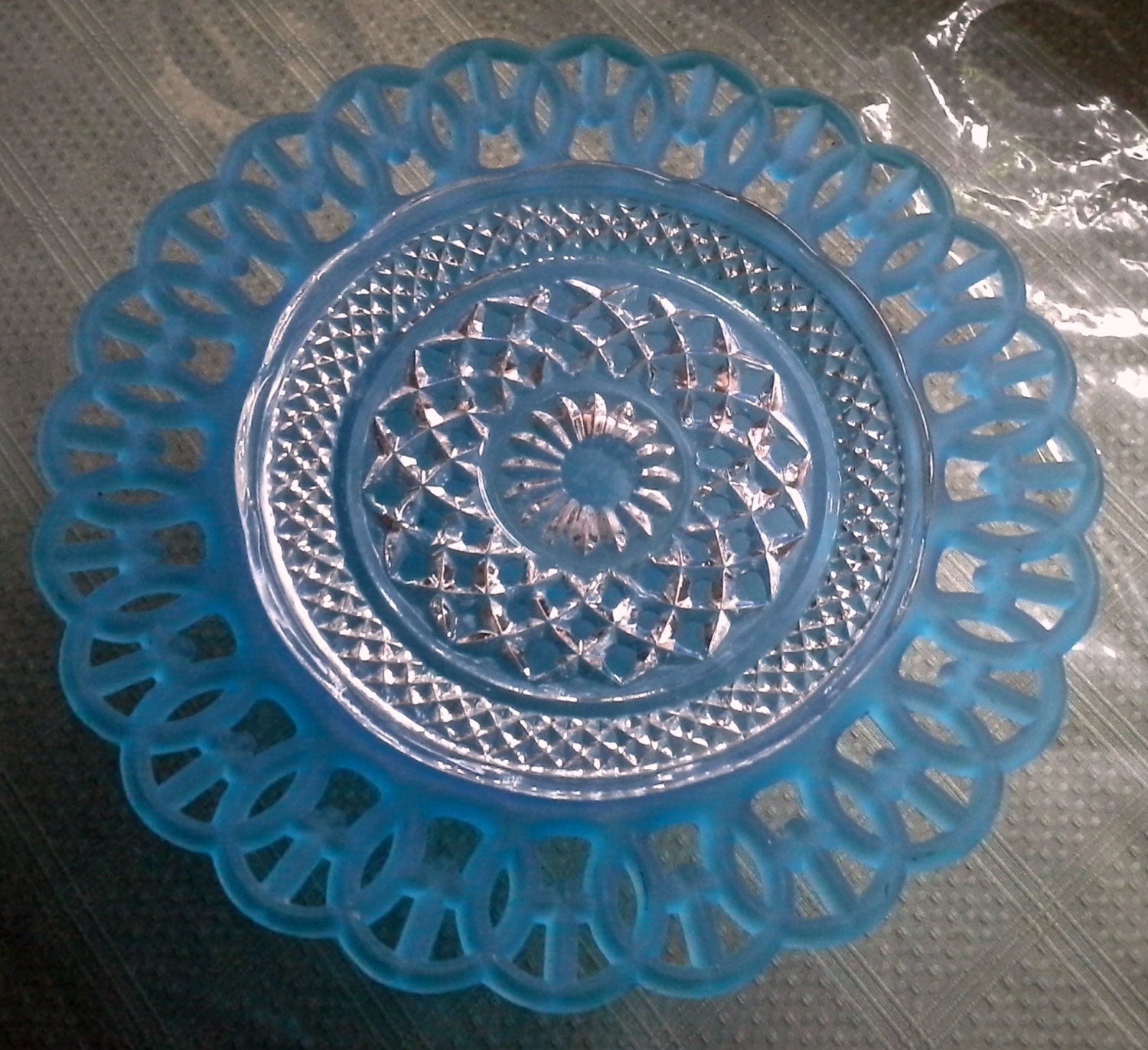 Blue glass serving dish with scalloped edges on pedestal Etsy