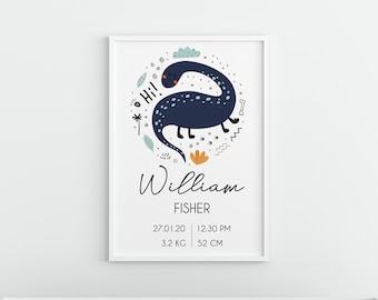 Dino customizable printable wall art, baby boy poster, Nursery monogram, wall decor print, baby stats sign, birth announcement