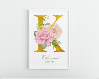 Letter printable wall art, Initial letter of baby name, Nursery monogram, wall decor print, first letter name sign, birth announcement