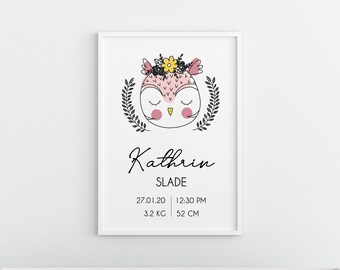 Boho owl  customizable printable wall art, baby girl poster, Nursery printable, wall decor print, baby stats sign, birth announcement