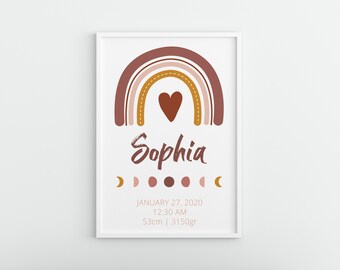 Boho rainbow customizable printable wall art, baby boy poster, Nursery monogram, wall decor print, baby stats sign, birth announcement