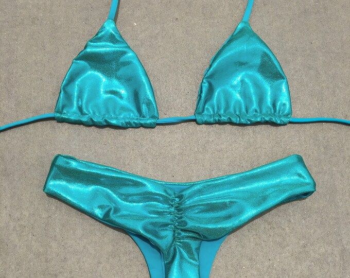 Metallic Teal Scrunch Bikini Set / Seamless Ruched Thong Etsy