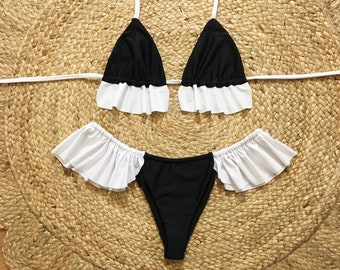 Black & White Sliding Ruffle Cheeky Bikini Set / Two Tone Colorblock Brazilian Bikini
