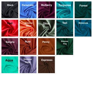 Puede incluir: Una cuadr&iacute;cula de catorce muestras de tela en varios colores, cada una etiquetada con su nombre: Black, Periwinkle, Mulberry, Turquoise, Forest, Red, Shimmer Melon, Olive, Teal, Mykonos, Sangria, Rust, Penny, Shimmer Pine, Aqua, Shimmer Violet y Espresso.