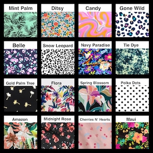 K&ouml;nnte beinhalten: Ein Raster aus sechzehn Stoffmustern mit verschiedenen Designs, darunter Mint Palm, Ditsy-Blumen, Candy-Wirbel, Gone Wild-Leopardenmuster, Belle-Blumen, Snow Leopard, Navy Paradise, Tie Dye, Gold Palm Tree, Flora, Spring Blossom, Polka Dots, Amazon, Midnight Rose, Cherries N' Hearts und Maui-Tropenmuster.