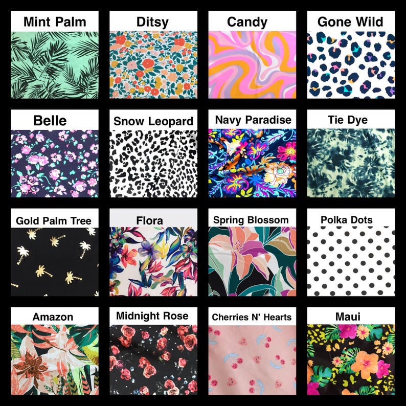 K&ouml;nnte beinhalten: Ein Raster aus sechzehn Stoffmustern mit verschiedenen Designs, darunter Mint Palm, Ditsy-Blumen, Candy-Wirbel, Gone Wild-Leopardenmuster, Belle-Blumen, Snow Leopard, Navy Paradise, Tie Dye, Gold Palm Tree, Flora, Spring Blossom, Polka Dots, Amazon, Midnight Rose, Cherries N' Hearts und Maui-Tropenmuster.