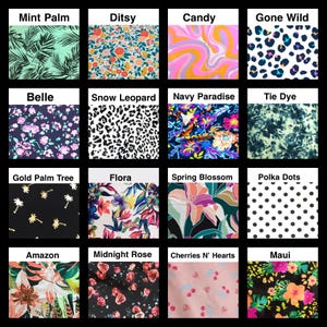 Puede incluir: Una cuadr&iacute;cula de diecis&eacute;is muestras de tela con varios patrones, incluyendo Mint Palm, flores Ditsy, remolinos Candy, estampado de leopardo Gone Wild, flores Belle, Snow Leopard, Navy Paradise, Tie Dye, Gold Palm Tree, Flora, Spring Blossom, Polka Dots, Amazon, Midnight Rose, Cherries N' Hearts y estampados tropicales Maui.