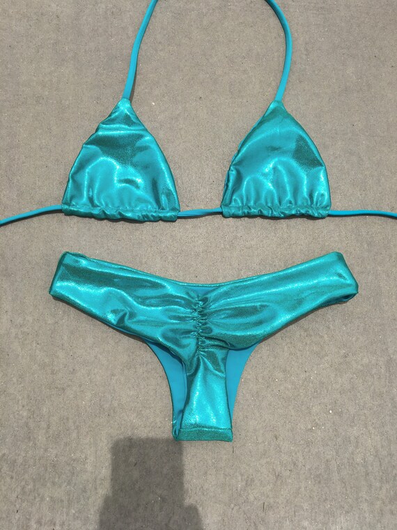 Metallic Teal Scrunch Bikini Set / Seamless Ruched Thong | Etsy