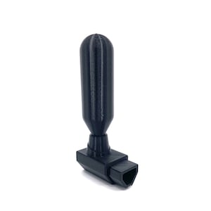 May include: A black plastic 3D printed object with a handle and a rectangular base. The base has a slot on one side.
