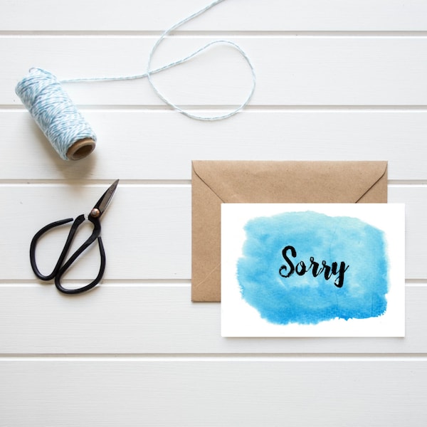 Sorry card, minimal blue handmade watercolor printable greeting card