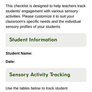 Könnte beinhalten: Eine Checkliste für sensorische Aktivitäten mit grünem Text auf weißem Hintergrund. Die Checkliste enthält Abschnitte für Schülerinformationen und die Verfolgung sensorischer Aktivitäten.