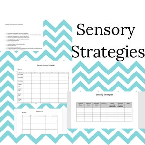 Könnte beinhalten: Ein weißer Hintergrund mit einem türkisfarbenen Zickzackmuster und den Worten "Sensory Strategies" in großem schwarzem Text. Mehrere Arbeitsblätter sind sichtbar, darunter ein Zeitplan und ein sensorischer Plan, mit Überschriften wie "Studentenname" und "Sensorische Aufgabe".