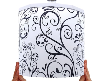 Vintage Scrollwork Lampshade Modern Contemporary Ceiling Pendant Magnetic, Black and White