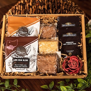 Espresso Your Love Gift Basket - Sampler Gourmet Coffee Gift with Brownies, Ghirardelli Chocolate, Flower Magnet, Gift For Him, For Her