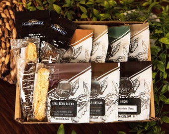Week of Gourmet Coffees Gift Set, with Handmade Biscotti & Hot Chocolate, 7 Flavored and Origin Coffees, Holiday Gift, Christmas Gift Basket