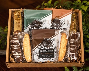 Coffee Break Gift Basket with Gourmet coffee, handmade granola bars and Italian biscotti, Guatemalan coffee, Flavored coffee in Gift Box
