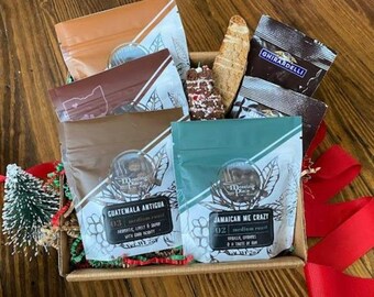 Christmas Coffee Sampler Gift Box, Flavored Coffee, Origin Coffee, Handmade Biscotti, Ghirardelli Cocoa in a Gift Box, Holiday Gift Basket