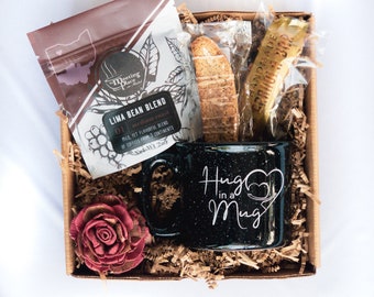 Hug in a Mug Coffee Sampler Gift Box with Gourmet Coffee, Mug, Biscotti, & Hand-painted Rose, Mother's Day Gift, Gift for Her, Gift for Mom