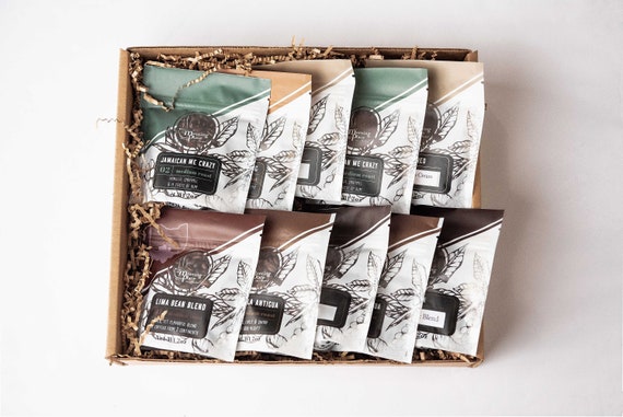 Coffee Lover Gift Box with a variety of 10 gourmet coffees, flavored and origin premium coffee, Christmas Gift Basket, Coffee Sampler Deluxe