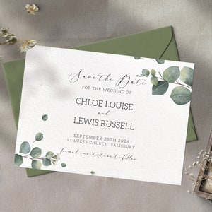 Eucalyptus Wedding Save the Date Cards - A6 Post Card Style with Matching Sage Green Envelope