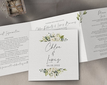 Wedding invitations, White Rose Concertina Tri Fold 6 Page Wedding Invites