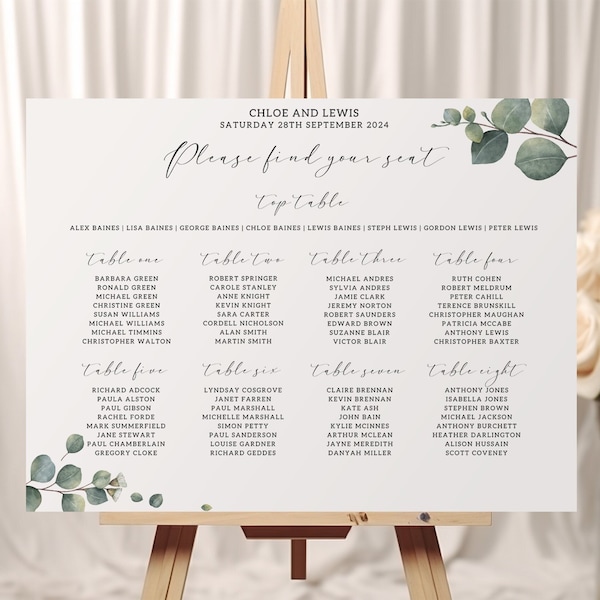 Elegant Eucalyptus Table Plan: Perfect seating plan for Weddings and Events