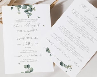 Eucalyptus Wedding Invitation, Eucalyptus Wedding Invites and Guest Information Double sided Card