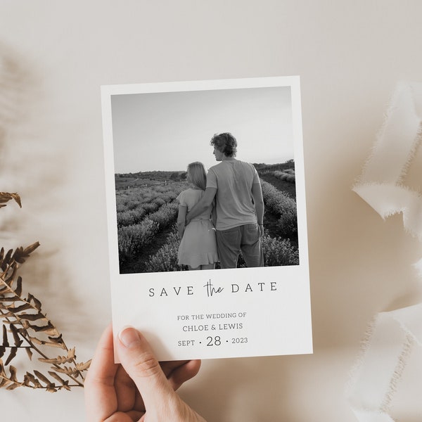 Elegant Polaroid Style Photo Save the Date Cards | Monochrome with Script Font | Simple and Modern