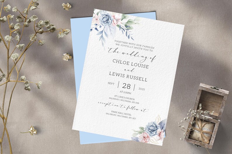 Blue and Blush Wedding Invitation Blue Wedding Invite dusky Blue