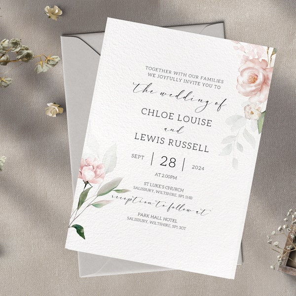 Elegant Pink Rose Wedding Invitations - 7x5 Card Size -  Hewitt's Prints Pink Rose Collection