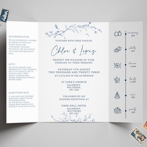 Wedding Invitation, Blue Wild Flower Gatefold Wedding Invites, Blue Folded Wedding Invite, Timeline Wedding Invitation, Invitations Wedding