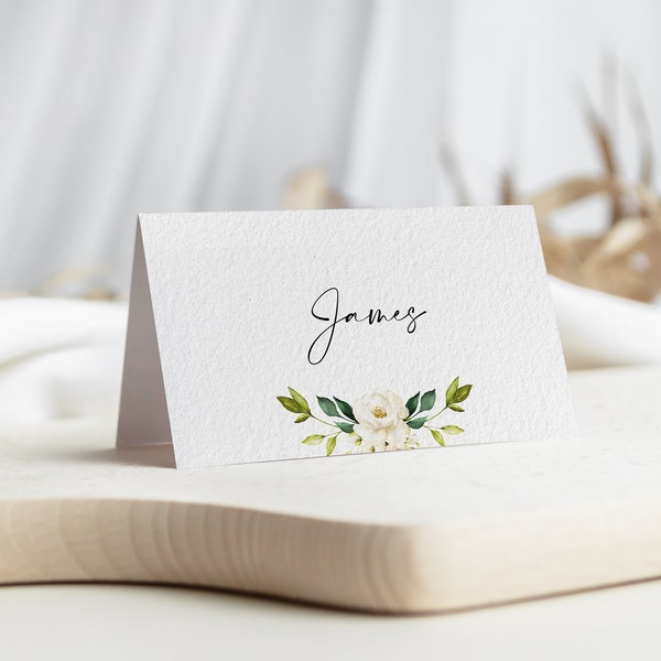 Wedding Place Cards - White Rose - Folded Name Cards