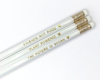 Vegan Pencil Set - 3pk - Premium HB Pencil + Eraser - White + Gold Foil - Vegan Quotes - Stationery - Gift Idea - 100% Recycled Packaging