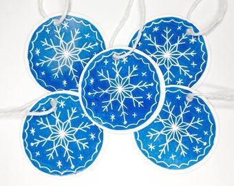 Snowflake Lino Print Gift Tags - 5 Pk - 5x5cm - Hand Printed - Lino Cut - Circle - Kraft Card - Blue - Gift Wrapping - Jute String - Natural