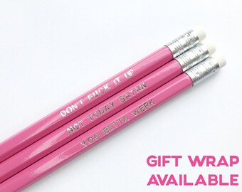 Drag Race Pencil Set - 3pk - Ru Paul - Premium HB Pencil + Eraser - Silver Foil - Drag Quotes - Pink - Stationery - Gift Idea - LGBTQ