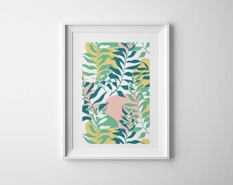 Green & Peach Abstract Leaves - A4 Art Print - Digital Print - Graphic Design - Gift - Home Decor - Wall Art - Foliage - Pattern