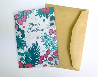 Merry Xmas Eco Card - A6 - Premium 100% Recycled Card + Envelope - Compostable Bag - Eco Friendly - Digital Print - Foliage - Illustration