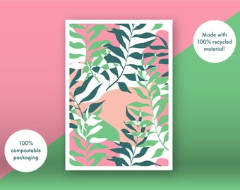 Pink Leaves Eco Card - Floral Foliage - A6 - 100% Recycled Card + Envelope - Compostable Bag - Environmentally Friendly - Gift - Birthday