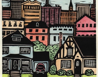 Street View, Cityscape Linocut, Handcolored with Watercolor