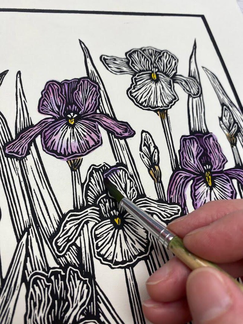 Iris, Hand Colored Linocut Print: Floral Art - Etsy