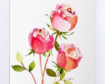 Roses Original Watercolor Painting, Artist Sue Zipkin, Wall Decoration