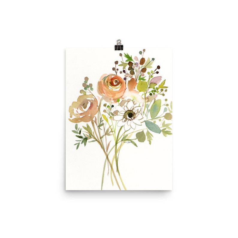 Pode incluir: Uma pintura em aquarela de um buqu&ecirc; de flores em tons de p&ecirc;ssego, branco e verde. As flores est&atilde;o dispostas em um estilo solto e natural, e a pintura tem um toque suave e rom&acirc;ntico.