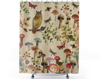 Cottagecore Shower Curtain, Owl , Mushrooms Forest, Dragonflies, Bees, Boho Hippie